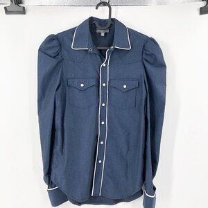 ✅ Greysn Medium Navy Blue Jacquard Puffy Sleeve Button Down Blouse ROCKABILLY